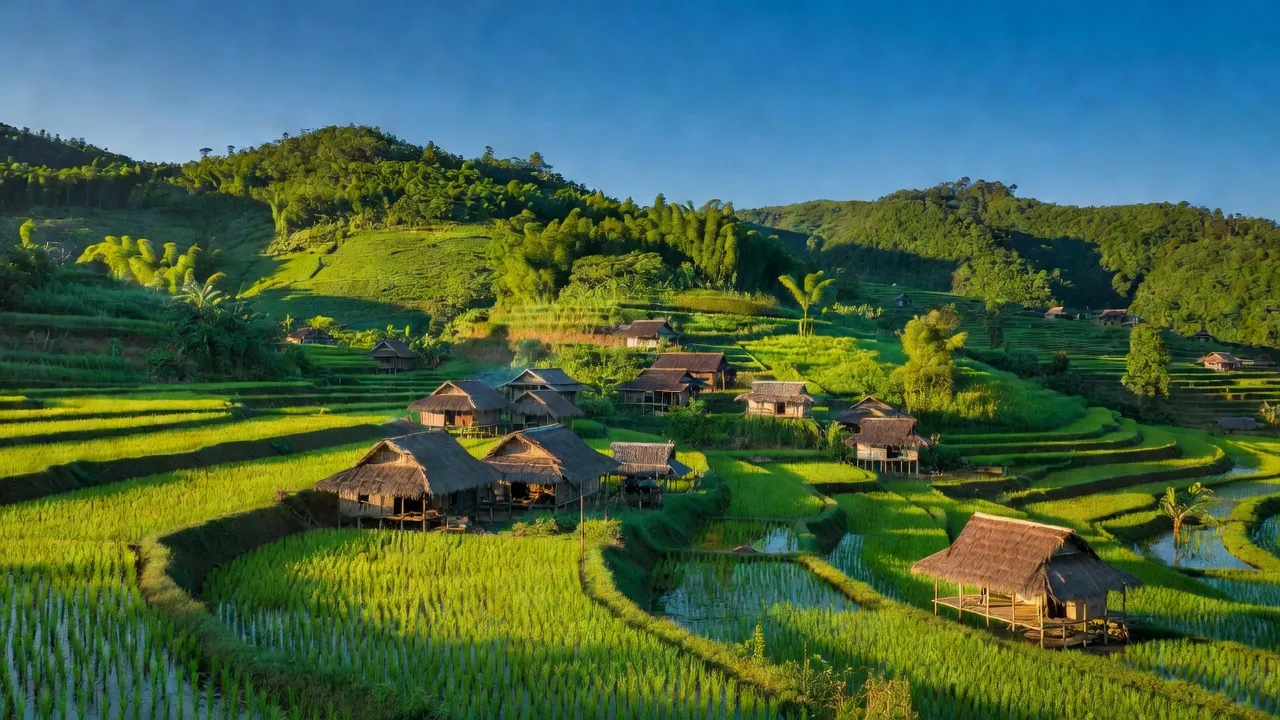 Cảnh sắc đẹp của xã Đạ M' Rong, huyện Đam Rông, tỉnh Lâm Đồng với núi đồi và kiến trúc truyền thống.