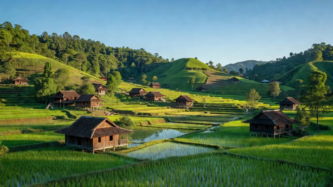 Khung cảnh xã Đạ Rsal, huyện Đam Rông, Lâm Đồng với cánh đồng xanh mướt và nhà gỗ truyền thống.