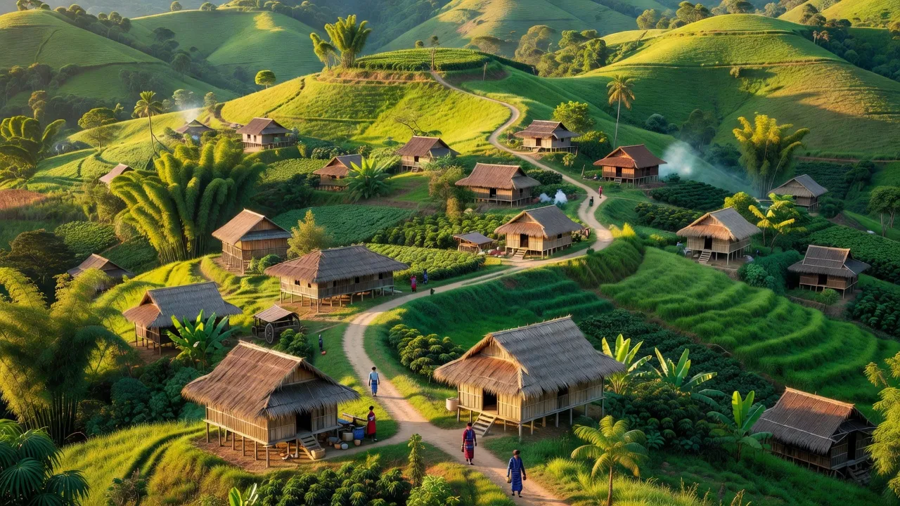 Khung cảnh xã Đạ Tông, huyện Đam Rông với nhà truyền thống và đồi núi xanh tươi.