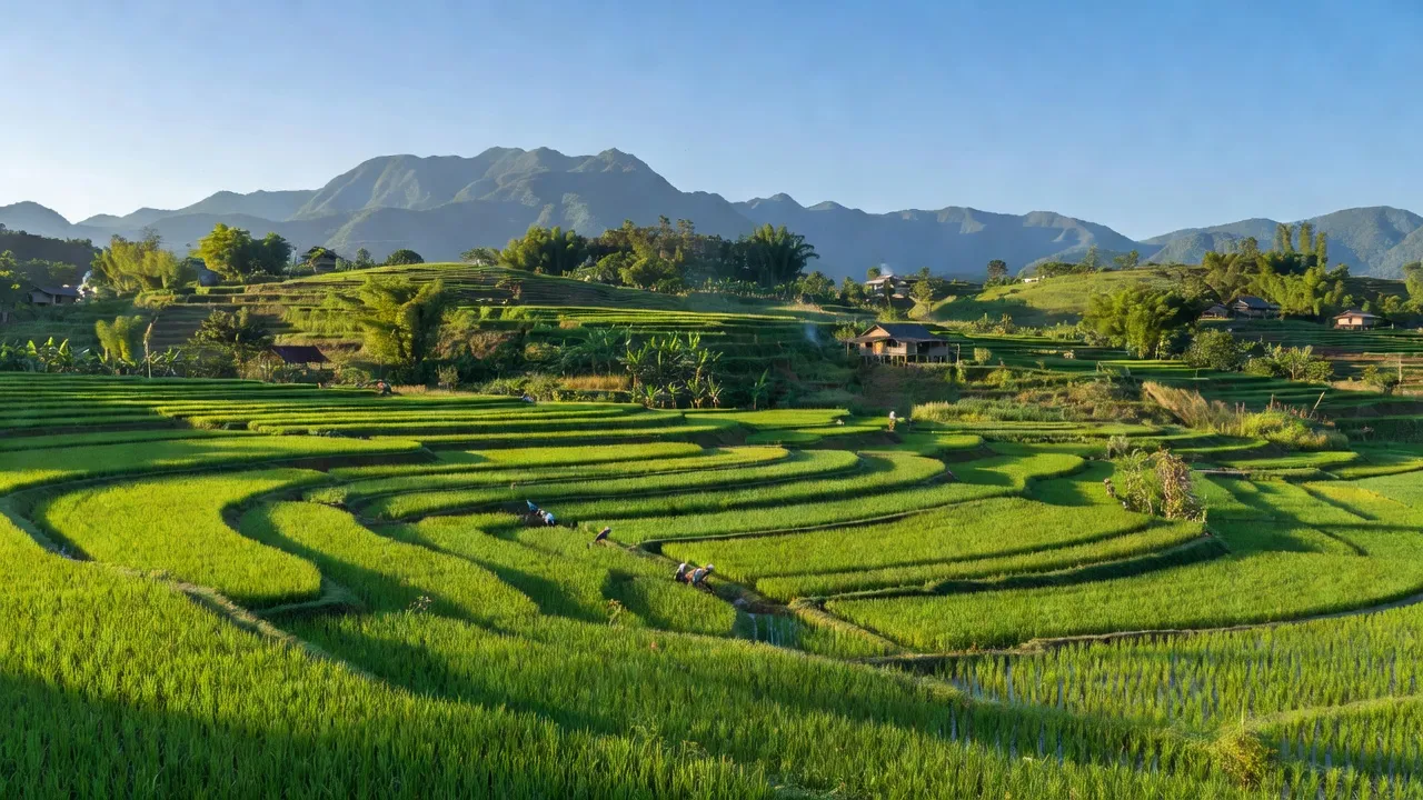 Cảnh quan tươi đẹp của xã Liêng Srônh, huyện Đam Rông, tỉnh Lâm Đồng với đồng ruộng xanh.