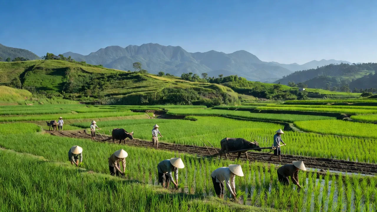 Cảnh đẹp xã Phi Liêng, huyện Đam Rông, Lâm Đồng với đồng xanh, nông nghiệp phát triển.