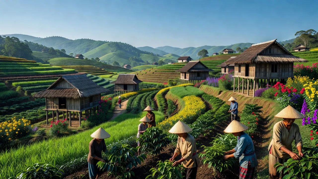 Khung cảnh nông nghiệp Xã Phi Liêng, Đam Rông, Lâm Đồng với các cánh đồng xanh tươi.