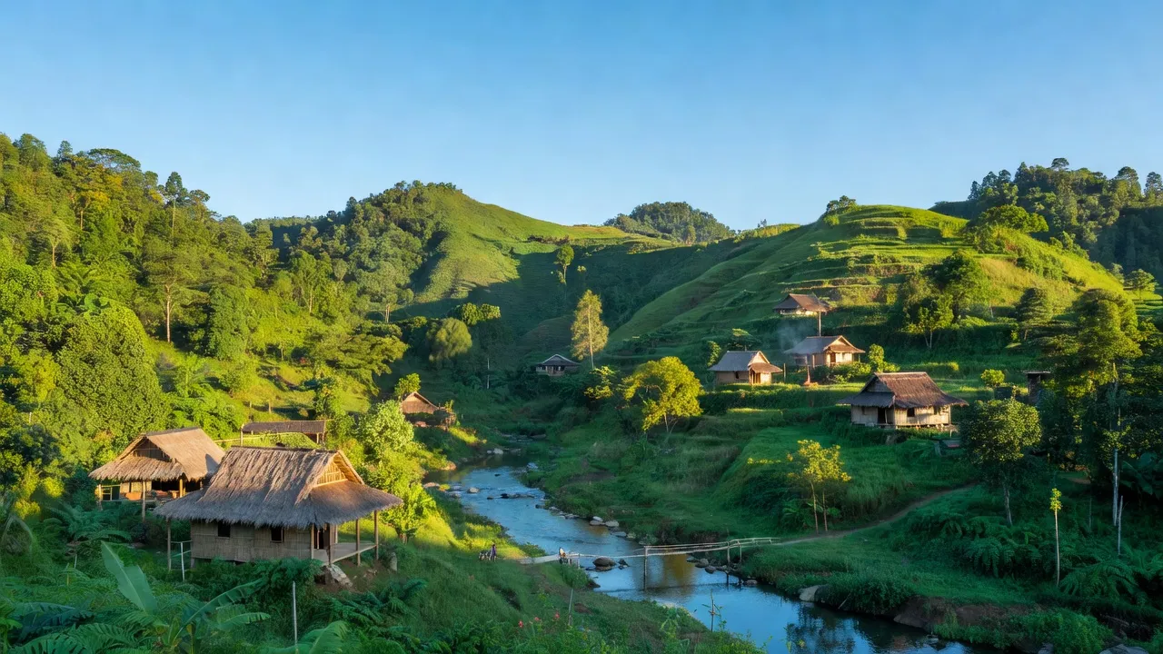 Phong cảnh xã Rô Men, huyện Đam Rông, tỉnh Lâm Đồng với núi xanh và nhà truyền thống.