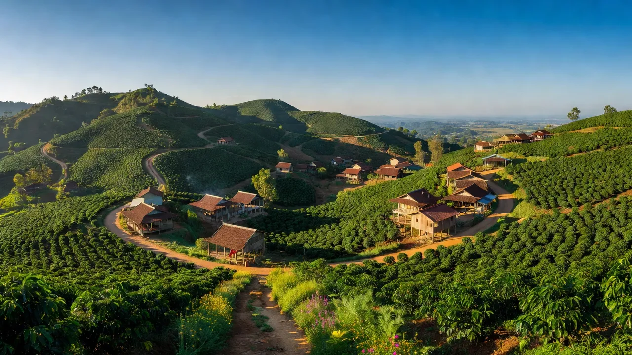 Khung cảnh huyện Di Linh, Lâm Đồng với đồi xanh và vườn cà phê, biểu tượng của thiên nhiên Việt Nam.