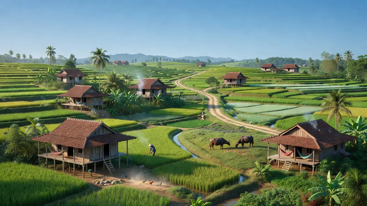 Cảnh quan nông thôn xã Bảo Thuận, huyện Di Linh, tỉnh Lâm Đồng, với cánh đồng xanh mướt và nhà cửa.