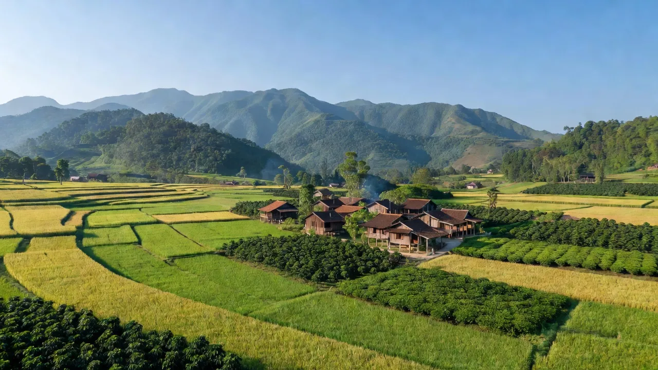 Khung cảnh yên bình xã Bảo Thuận, huyện Di Linh, với cánh đồng xanh và núi non ở xa.