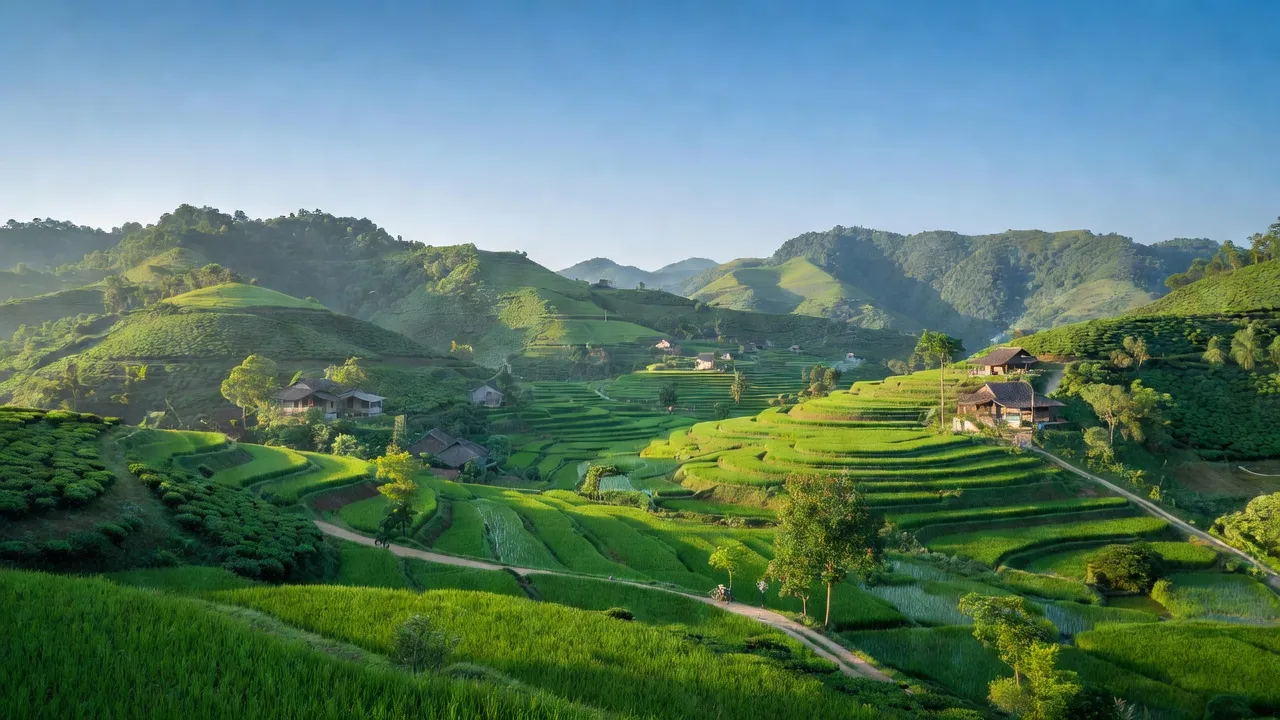Khung cảnh yên bình của xã Đinh Lạc, huyện Di Linh, tỉnh Lâm Đồng, với cánh đồng xanh mướt.