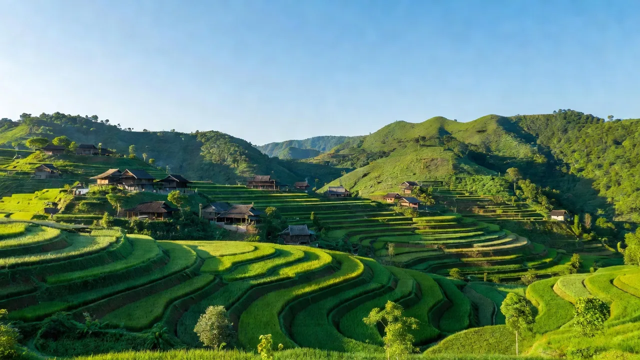Khung cảnh đẹp tại Đinh Trang Thượng, Di Linh, Lâm Đồng với đồi núi và cánh đồng xanh.