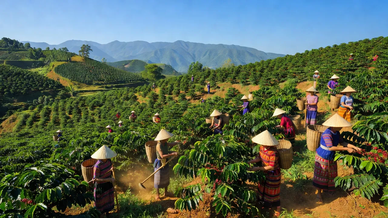 Cánh đồng cà phê tại xã Gia Bắc, huyện Di Linh, tỉnh Lâm Đồng với người dân lao động.