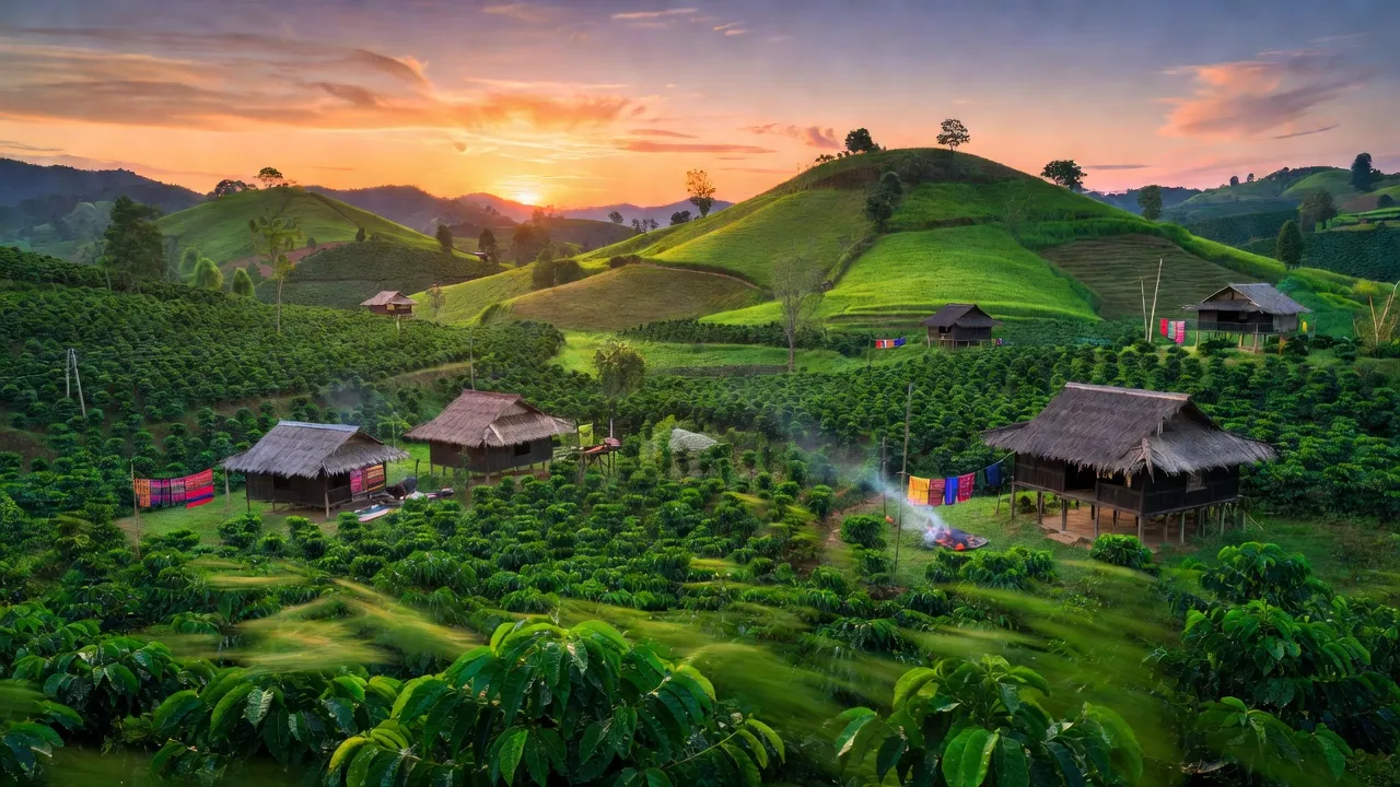 Cảnh sắc xã Gia Bắc, huyện Di Linh, Lâm Đồng với cánh đồng cà phê xanh và thiên nhiên tươi đẹp.