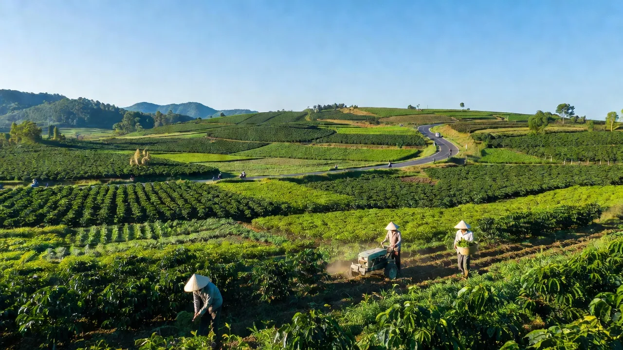 Cảnh đẹp Xã Gia Hiệp, huyện Di Linh, Lâm Đồng với cánh đồng xanh và Quốc lộ 20.