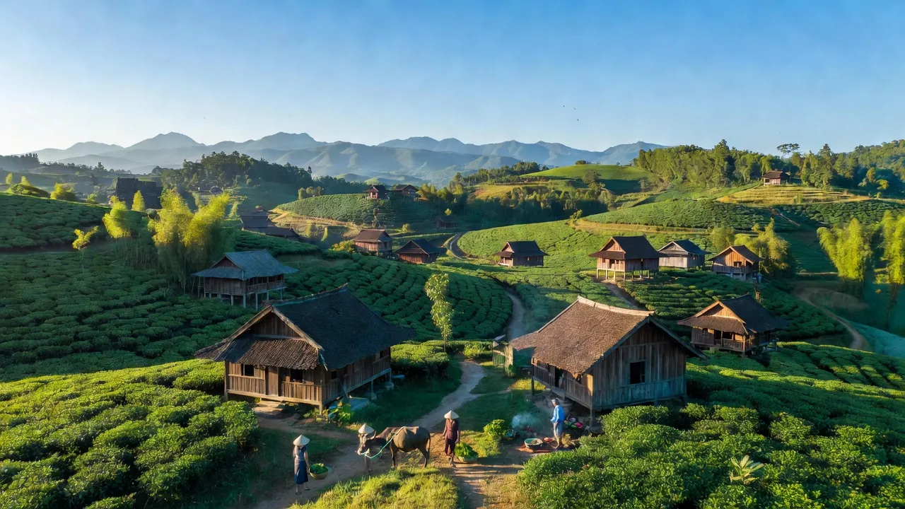 Khung cảnh xã Gung Ré, huyện Di Linh, tỉnh Lâm Đồng với đồi núi xanh tươi và nhà truyền thống.