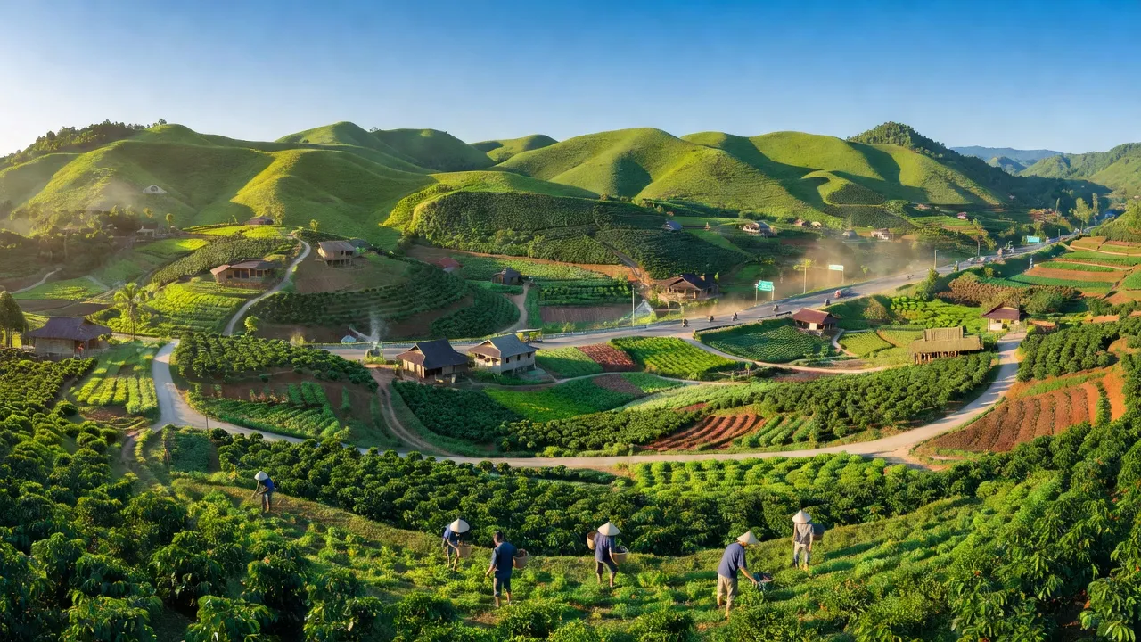 Cảnh quan tươi đẹp xã Hòa Bắc, huyện Di Linh, tỉnh Lâm Đồng, với đồi núi và cánh đồng nông nghiệp.