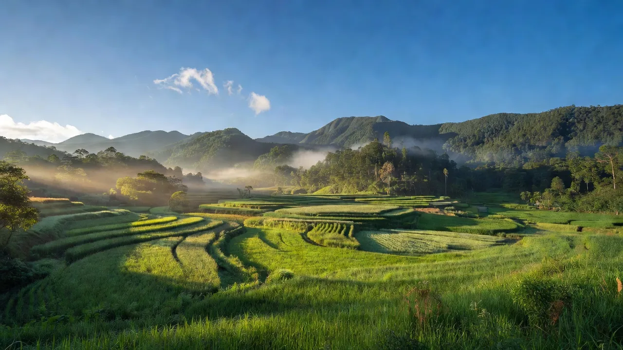 Phong cảnh xã Hòa Bắc, huyện Di Linh với cánh đồng xanh mướt và núi rừng bao quanh.