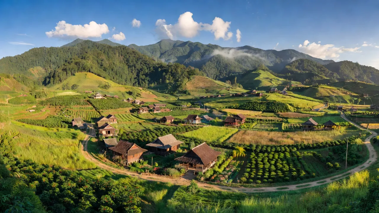 Khung cảnh Xã Hòa Nam, Huyện Di Linh với phong cảnh núi non xanh tươi và nhà truyền thống.