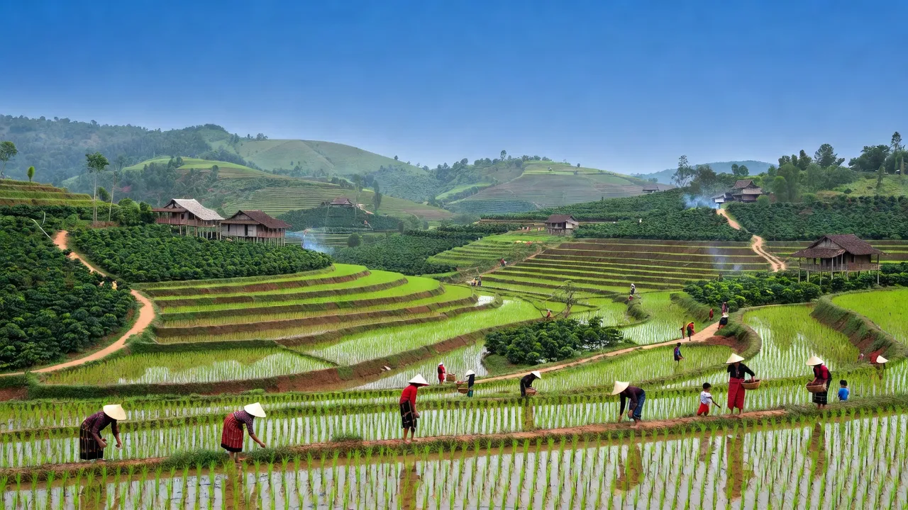 Cảnh đẹp Sơn Điền, huyện Di Linh, Lâm Đồng với cà phê và ruộng lúa xanh tươi.