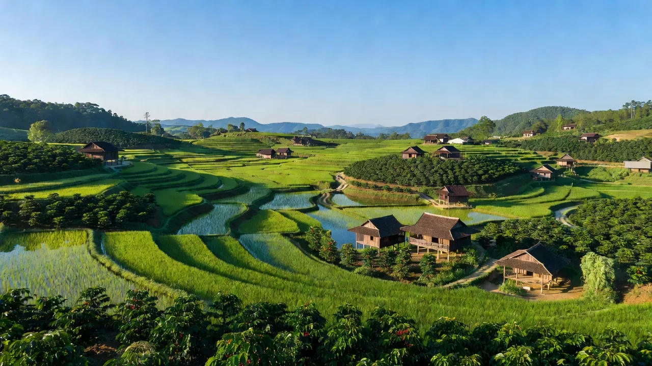 Toàn cảnh xã Sơn Điền, huyện Di Linh, Lâm Đồng với đồng lúa và vườn cà phê xanh tươi.