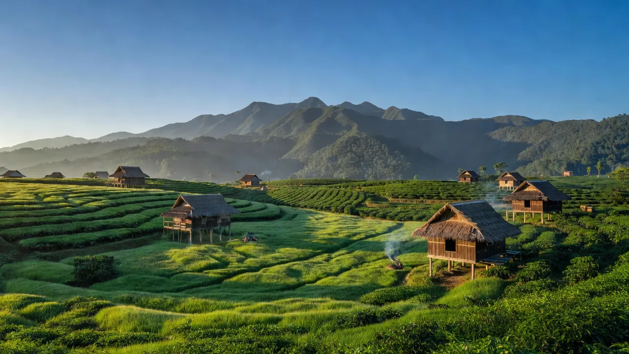 Khung cảnh xã Tam Bố, huyện Di Linh, tỉnh Lâm Đồng với đồng cỏ xanh, nhà truyền thống và núi đồi.