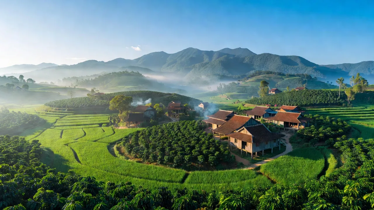 Khung cảnh Xã Tân Châu, Di Linh, Lâm Đồng với cánh đồng xanh và núi non mù sương.