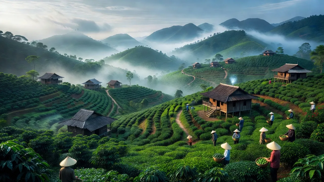 Khung cảnh yên bình của xã Tân Châu huyện Di Linh với khí hậu mát mẻ và cảnh sắc thiên nhiên.