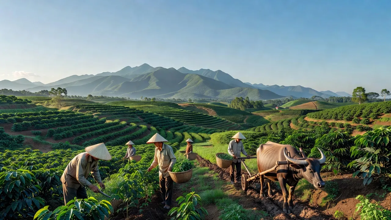 Cảnh đẹp xã Tân Lâm, huyện Di Linh, Lâm Đồng với đồng xanh và núi non hùng vĩ.