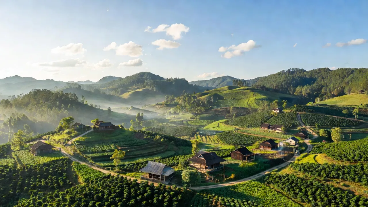 Phong cảnh xã Tân Nghĩa, huyện Di Linh, Lâm Đồng, với cánh đồng xanh và bầu trời trong sáng.