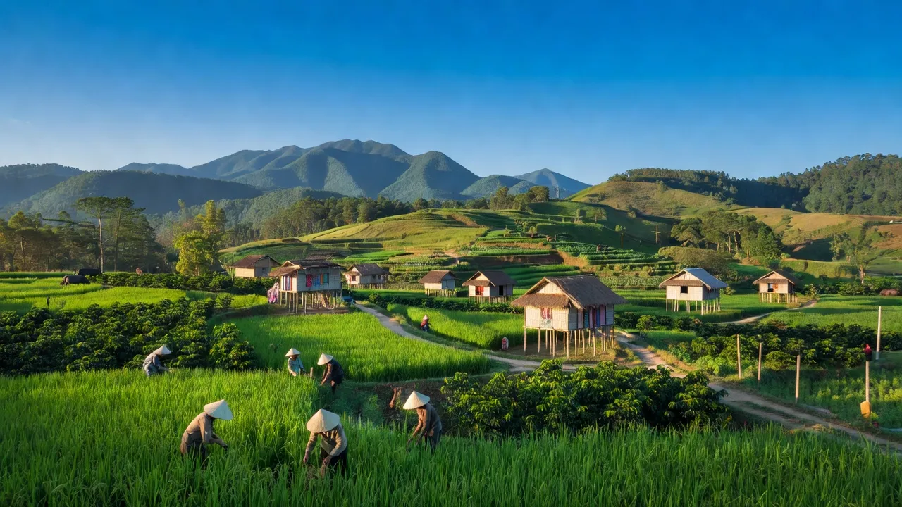 Khung cảnh huyện Đơn Dương, Lâm Đồng với cánh đồng xanh tươi và đồi núi, phát triển nông nghiệp.