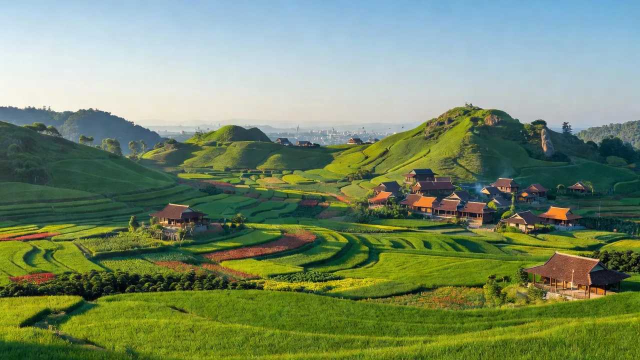 Toàn cảnh Huyện Đơn Dương, tỉnh Lâm Đồng với cánh đồng xanh tươi và núi đồi xa xăm.
