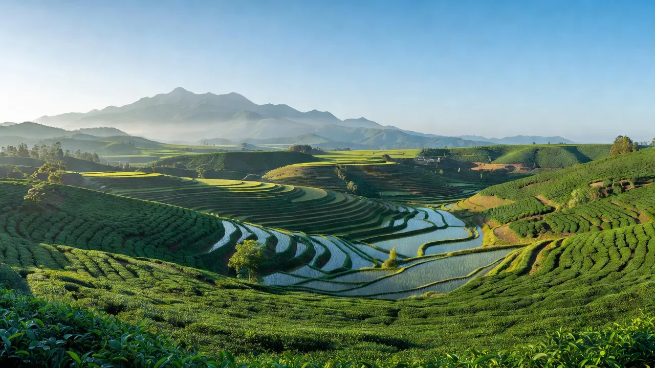 Khung cảnh xanh tươi ở xã Đạ Ròn, huyện Đơn Dương, Lâm Đồng với đồi chè và ruộng bậc thang.