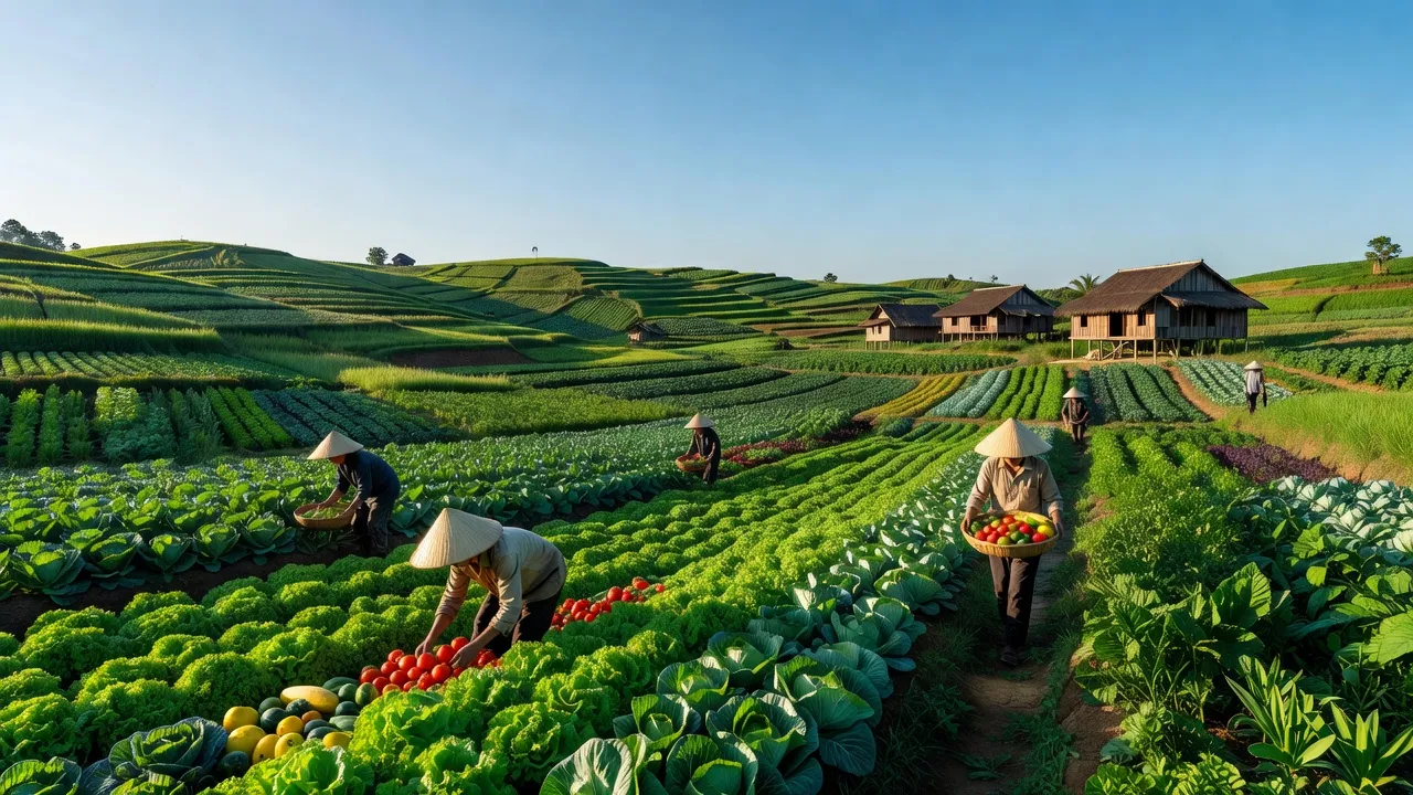 Cảnh đẹp xã Ka Đô, huyện Đơn Dương, Lâm Đồng với cánh đồng rau xanh và nhà truyền thống.