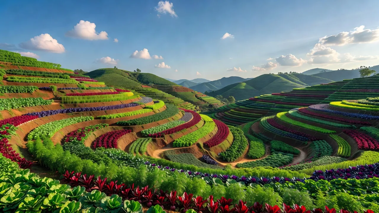 Cảnh quan xã Ka Đô, Đơn Dương, Lâm Đồng với ruộng rau và đồi xanh tươi đẹp.