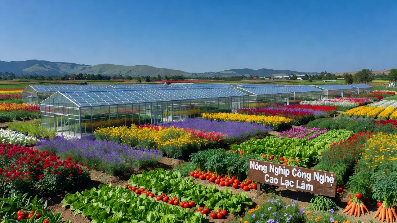 Cảnh quan nông nghiệp năng suất cao tại xã Lạc Lâm, huyện Đơn Dương, Lâm Đồng với rau và hoa tươi tốt.