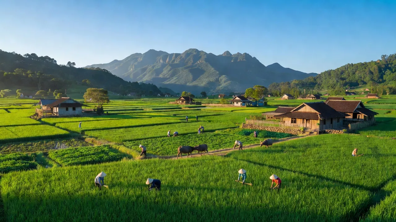 Cảnh đẹp xã Lạc Xuân, huyện Đơn Dương, tỉnh Lâm Đồng với ruộng xanh, núi và trời xanh.
