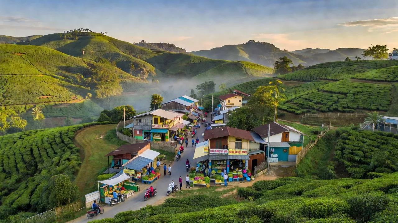 Thành phố Thạnh Mỹ, huyện Đơn Dương, Lâm Đồng với cảnh quan xanh tươi và nhịp sống sôi động.