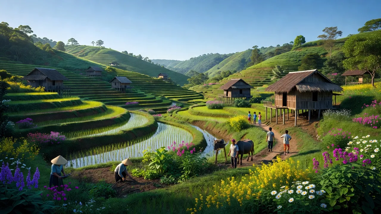 Khung cảnh yên bình ở xã Tu Tra, huyện Đơn Dương, tỉnh Lâm Đồng, với đồng ruộng và đồi núi xanh.