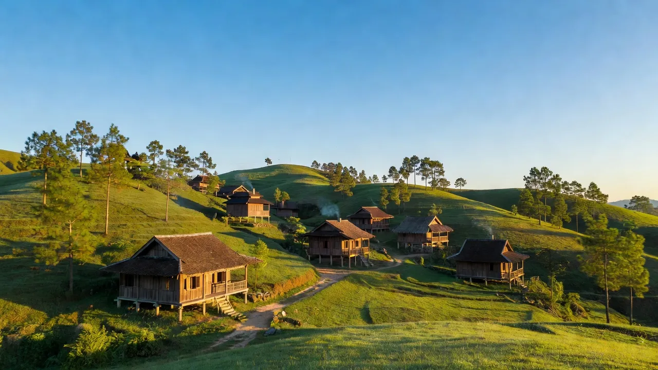 Khung cảnh huyện Đức Trọng, Lâm Đồng với đồi xanh và nhà gỗ truyền thống, thể hiện vẻ đẹp tự nhiên.
