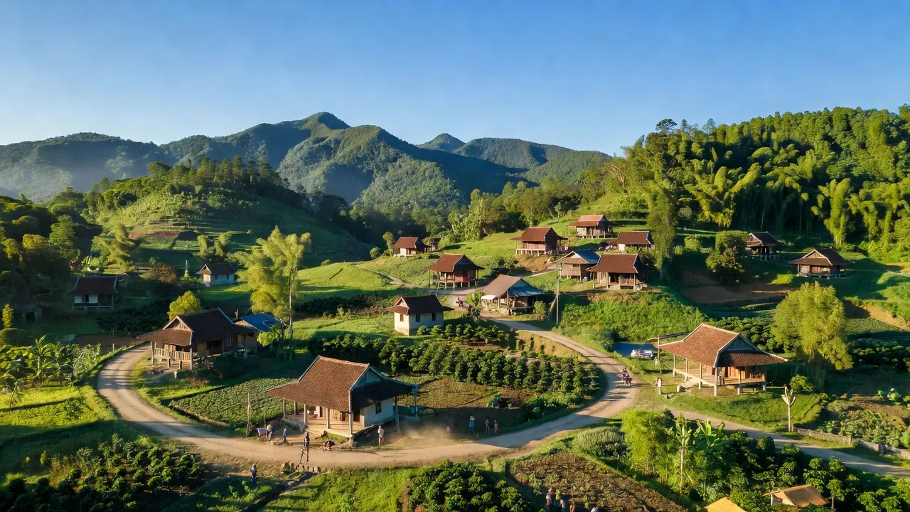 Phong cảnh xã Bình Thạnh, huyện Đức Trọng, Lâm Đồng với núi xanh, nhà truyền thống và đường rural.