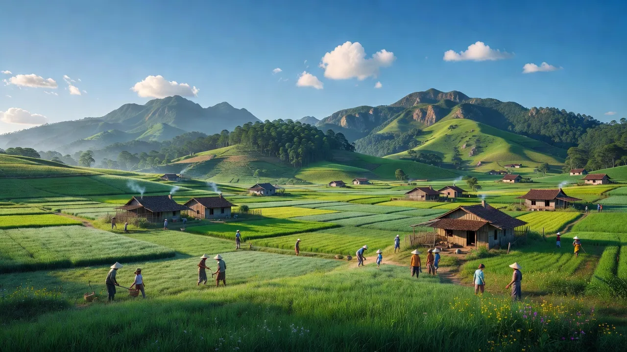 Khung cảnh xã Đa Quyn, huyện Đức Trọng với đồng xanh và núi đồi hùng vĩ, Lâm Đồng.
