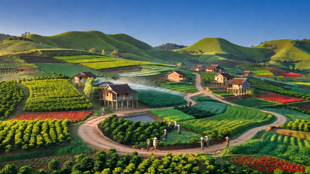 Khung cảnh xã Hiệp Thạnh, huyện Đức Trọng, Lâm Đồng với cảnh sắc thiên nhiên xanh tươi, nông nghiệp phong phú.