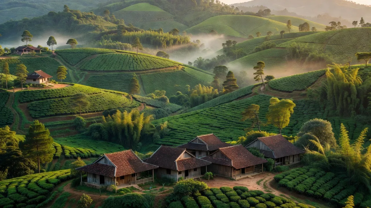 Khung cảnh xã Liên Hiệp, huyện Đức Trọng, Lâm Đồng với đồi xanh và nhà truyền thống.