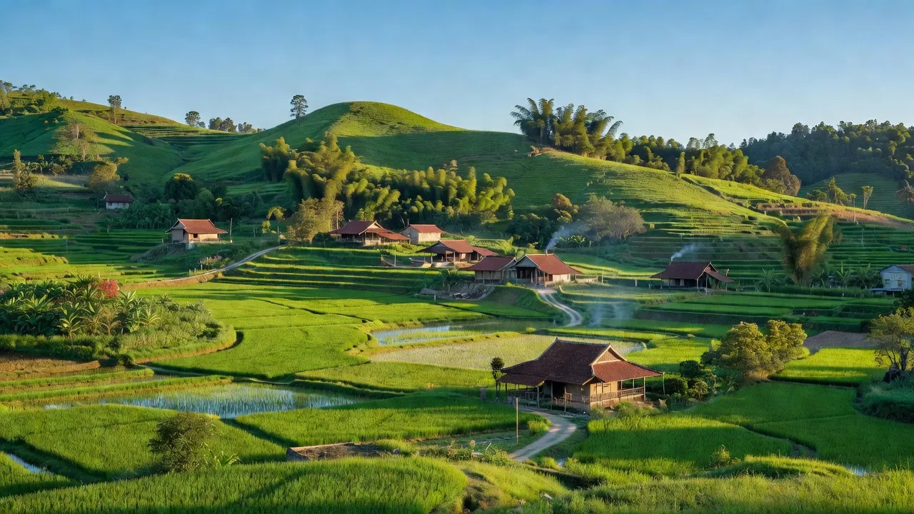 Phong cảnh Xã Liên Hiệp, huyện Đức Trọng với đồi núi xanh tươi và ruộng bậc thang.