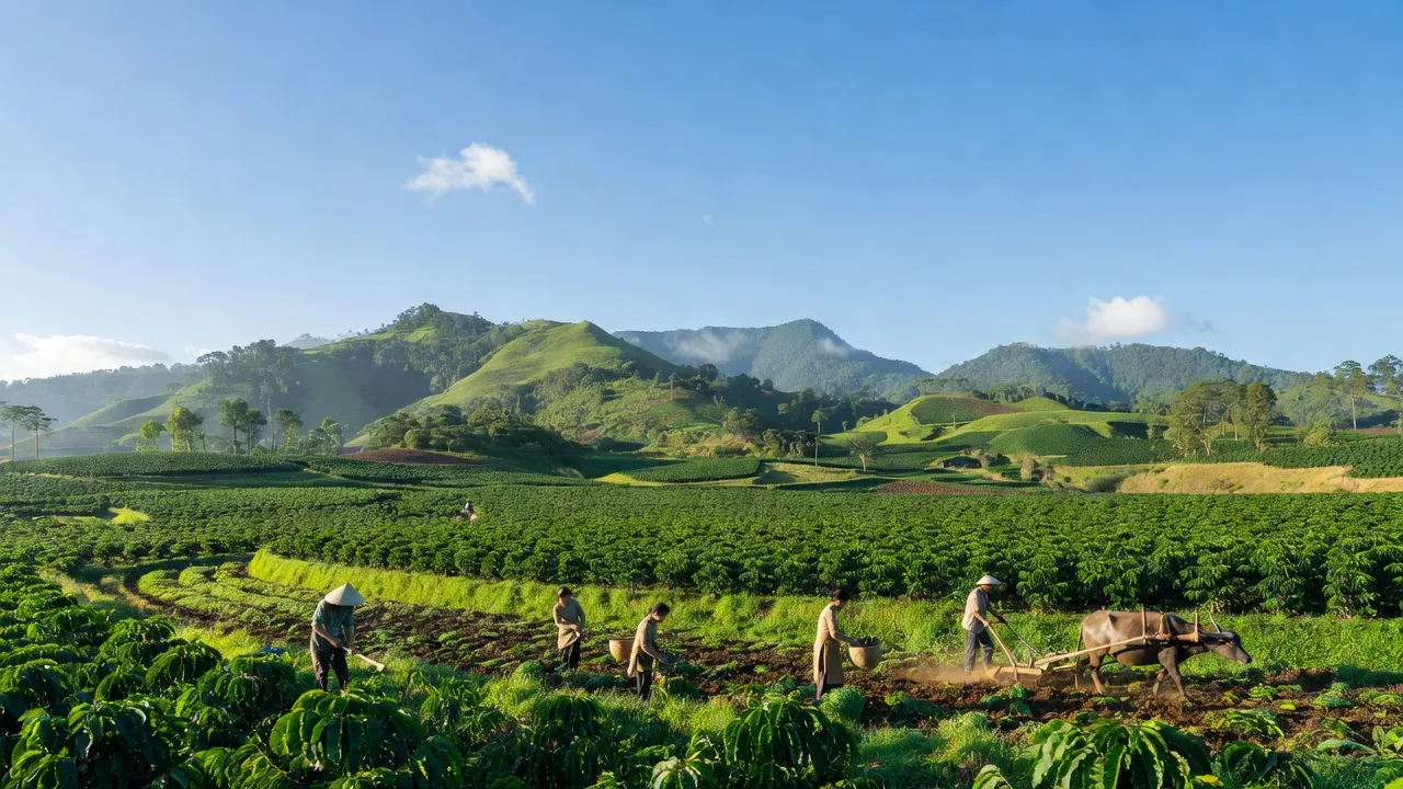 Cảnh quan xã Ninh Loan, huyện Đức Trọng, Lâm Đồng với cánh đồng xanh và đồi núi có bầu trời trong xanh.