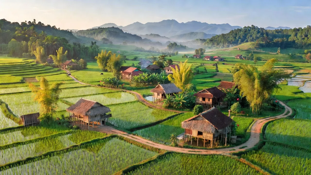 Khung cảnh xã Ninh Loan, huyện Đức Trọng, Lâm Đồng với cánh đồng xanh mướt và đồi núi ở xa.