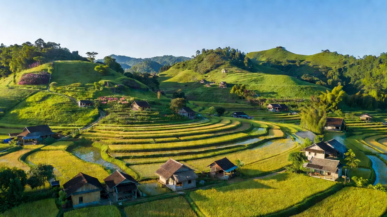 Khung cảnh tuyệt đẹp của xã N'Thol Hạ, huyện Đức Trọng, tỉnh Lâm Đồng, với những cánh đồng xanh tươi.