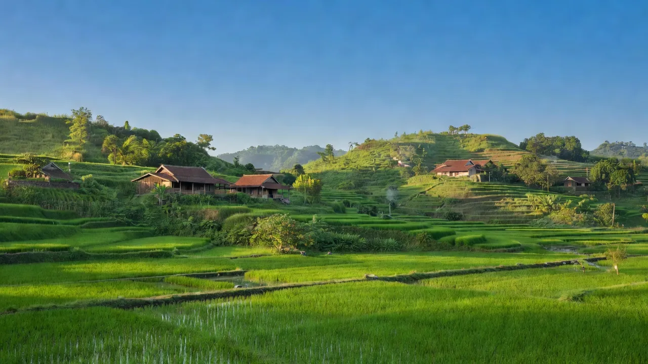 Khung cảnh xanh tươi tại xã N'Thol Hạ, huyện Đức Trọng, Lâm Đồng với các ngôi nhà truyền thống.