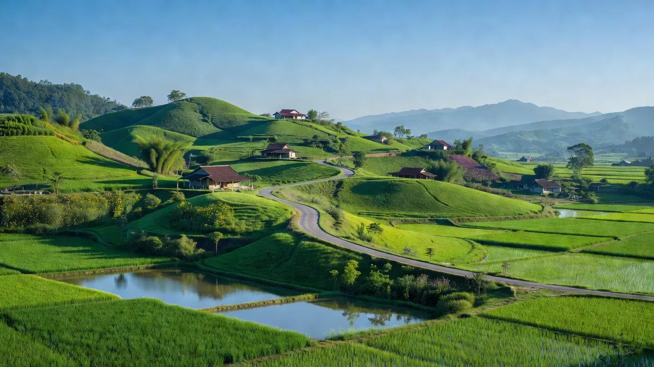 Landschaft Tà Hine, Đức Trọng, Lam Dong, với đồi núi xanh và mây trời trong xanh.