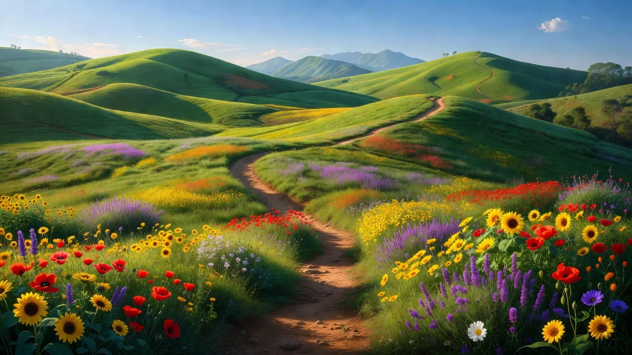 Khung cảnh xã Tà Năng, Lâm Đồng với đồi xanh, cánh đồng hoa và đường trekking đẹp.