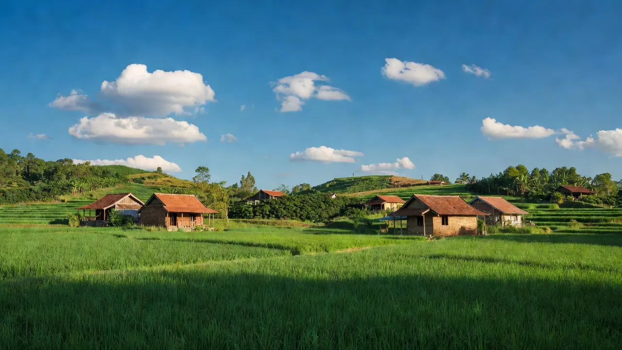 Khung cảnh thanh bình của xã Tân Hội, Đức Trọng, Lâm Đồng với đồng xanh và nhà truyền thống.