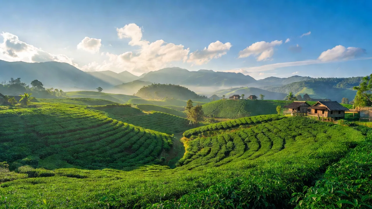 Cảnh quan xã Đạ Chais, huyện Lạc Dương với đồi núi xanh và ánh nắng mặt trời chiếu rọi.