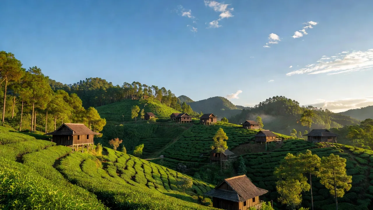 Khung cảnh yên bình xã Đạ Nhim, Lạc Dương, Lâm Đồng với đồi núi xanh tươi và nhà gỗ truyền thống.